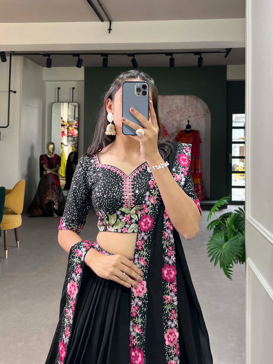 Black Georgette Sequence And Thread Embroidered Semi Stitched Lehenga Choli