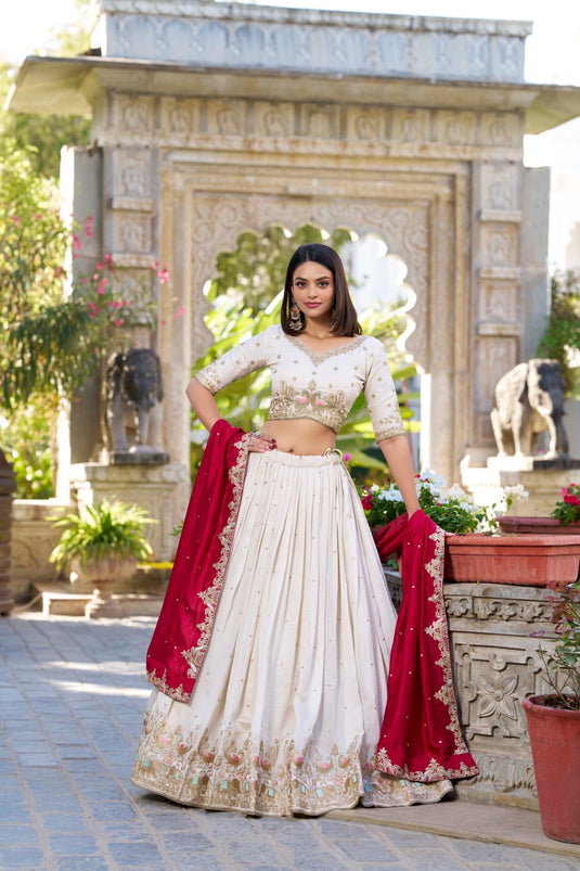 White Vichitra Silk Sequins & Thread Embroidered Semi Stitched Festive Wear Lehenga Choli