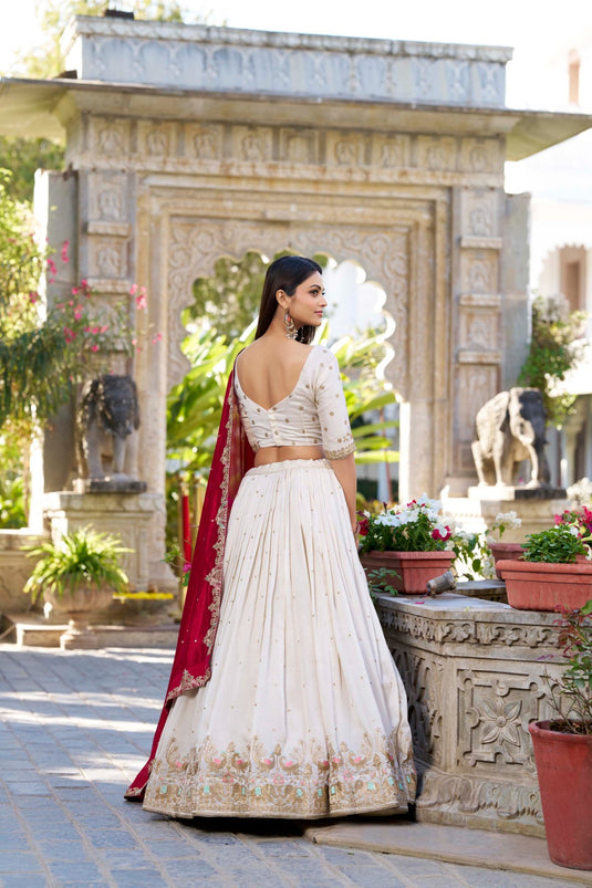 White Vichitra Silk Sequins & Thread Embroidered Semi Stitched Festive Wear Lehenga Choli