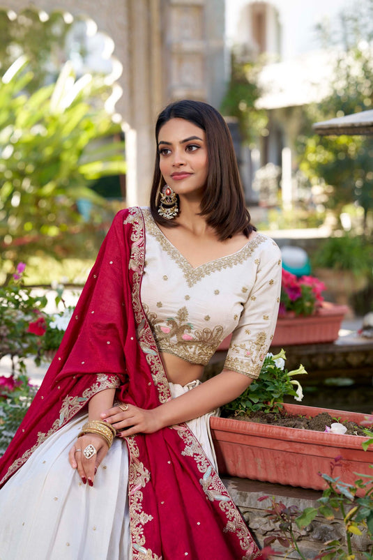 White Vichitra Silk Sequins & Thread Embroidered Semi Stitched Festive Wear Lehenga Choli