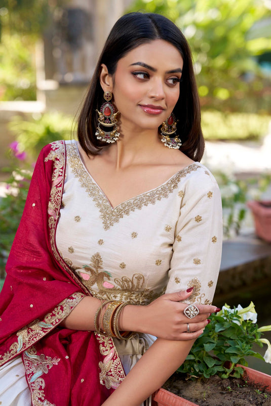 White Vichitra Silk Sequins & Thread Embroidered Semi Stitched Festive Wear Lehenga Choli