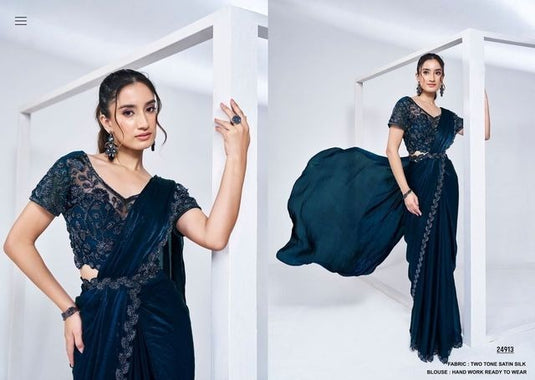 Classic Black Hand Khatli Embroidery Work Two Tone Satin Crepe Silk Festive Saree with Readymade Designer Blouse & Waist Belt