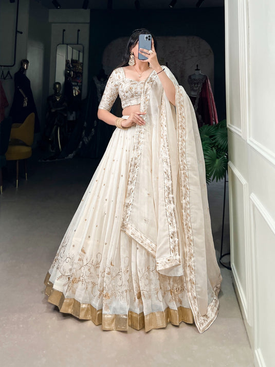 Navratri Special White Embroidered Silver Glossy Semi Stitched Lehenga Choli For Women