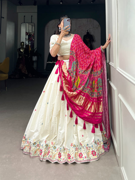 Pink Sequins & Thread Embroidered Khadi Cotton Semi Stitched Navratri Lehenga Choli For Garba Nights