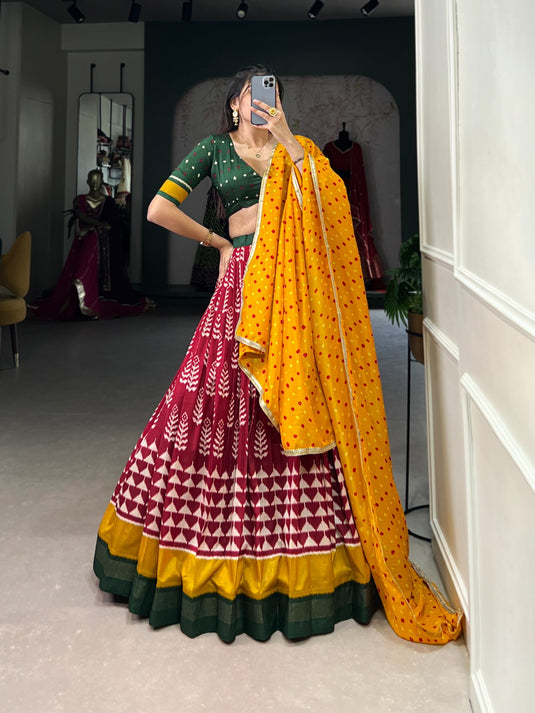 Navratri Special Red Printed Foil Work Tussar Silk Semi Stitched Festive Lehenga Choli