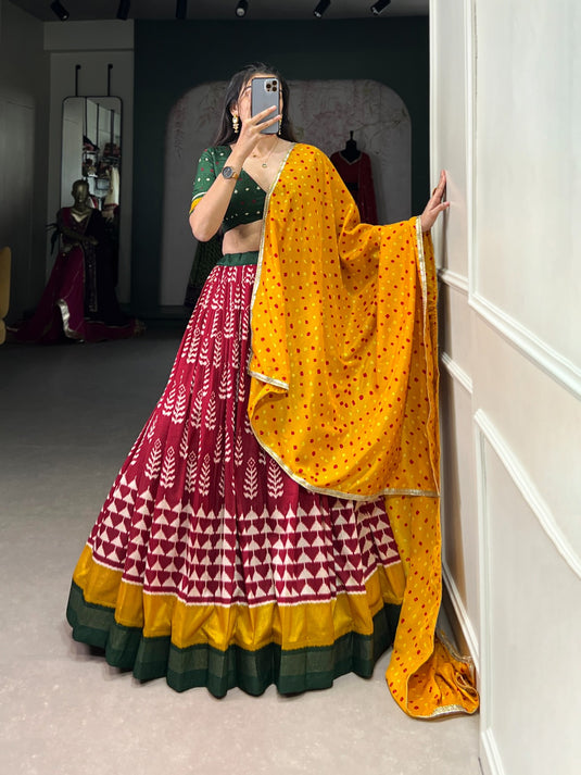 Navratri Special Red Printed Foil Work Tussar Silk Semi Stitched Festive Lehenga Choli