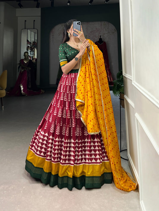 Navratri Special Red Printed Foil Work Tussar Silk Semi Stitched Festive Lehenga Choli