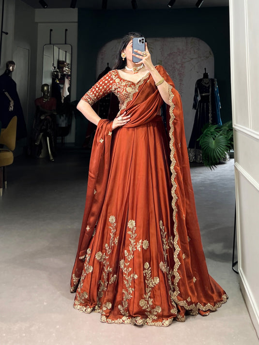 Designer Orange Sequins Embroidered Rangoli Silk Semi Stitched Bridal Lehenga Choli