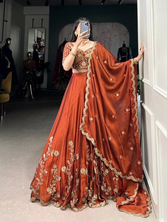 Designer Orange Sequins Embroidered Rangoli Silk Semi Stitched Bridal Lehenga Choli
