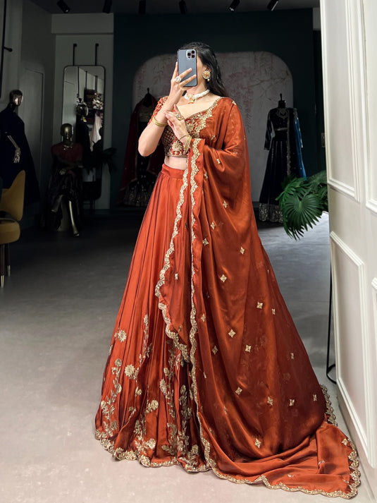 Designer Orange Sequins Embroidered Rangoli Silk Semi Stitched Bridal Lehenga Choli