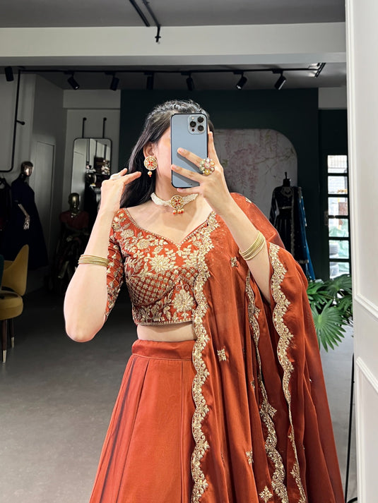 Designer Orange Sequins Embroidered Rangoli Silk Semi Stitched Bridal Lehenga Choli