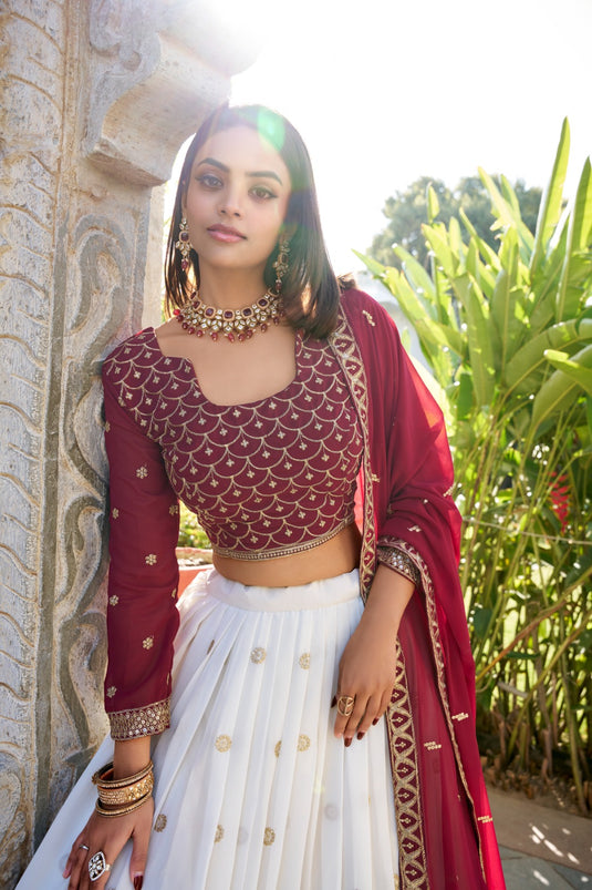 Traditional White Sequins Embroidered Georgette Semi Stitched Bridal Lehenga Choli