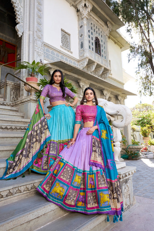 Navratri Special Lavender Kalamkari Printed Foil Work Tussar Silk Semi Stitched Lehenga Choli