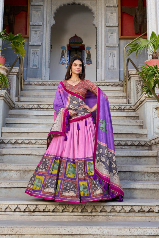 Navratri Special Lavender Kalamkari Printed Foil Work Tussar Silk Semi Stitched Lehenga Choli