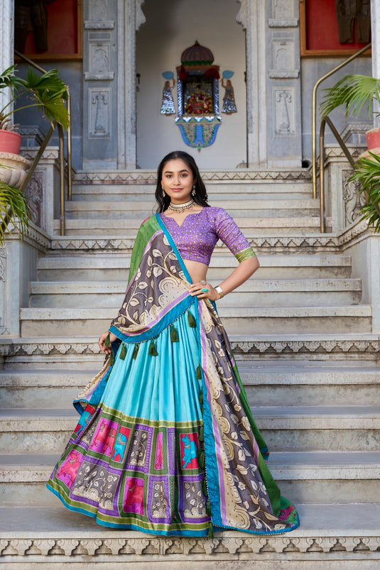 Navratri Special Lavender Kalamkari Printed Foil Work Tussar Silk Semi Stitched Lehenga Choli