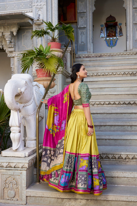 Navratri Special Lavender Kalamkari Printed Foil Work Tussar Silk Semi Stitched Lehenga Choli