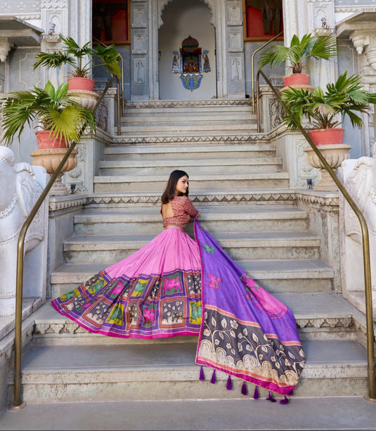 Navratri Special Lavender Kalamkari Printed Foil Work Tussar Silk Semi Stitched Lehenga Choli