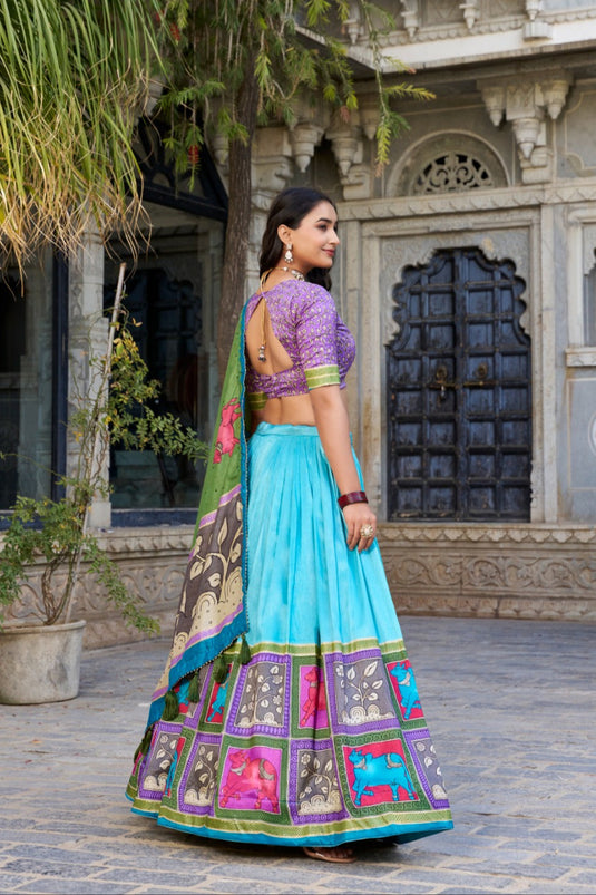 Navratri Special Lavender Kalamkari Printed Foil Work Tussar Silk Semi Stitched Lehenga Choli