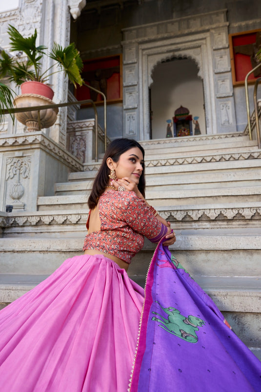 Navratri Special Lavender Kalamkari Printed Foil Work Tussar Silk Semi Stitched Lehenga Choli