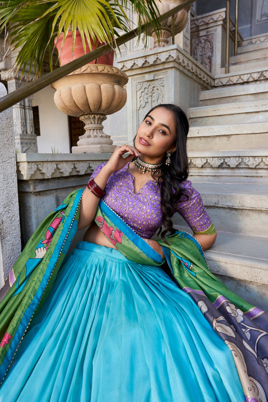 Navratri Special Lavender Kalamkari Printed Foil Work Tussar Silk Semi Stitched Lehenga Choli