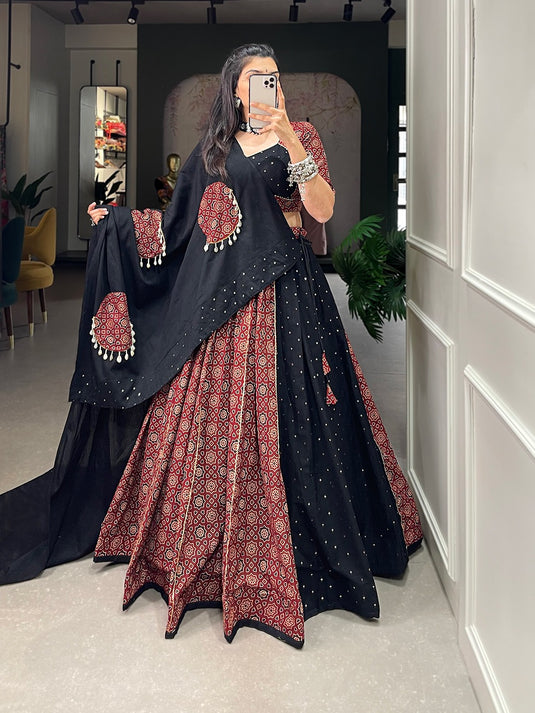 Navratri Special Red Black Ajrakh Print Cotton Readymade Fully Stitched Lehenga Choli