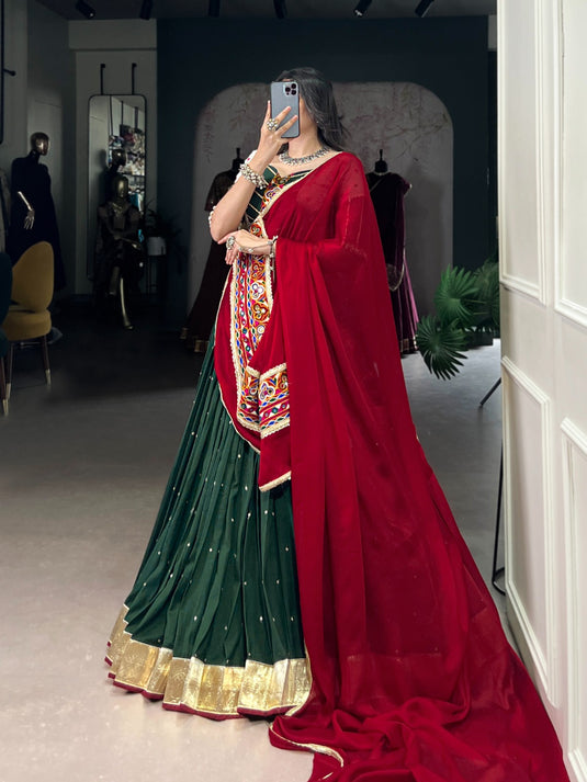 Navratri Green Sequins Gamthi Embroidered Chiffon Fully Stitched Lehenga Choli
