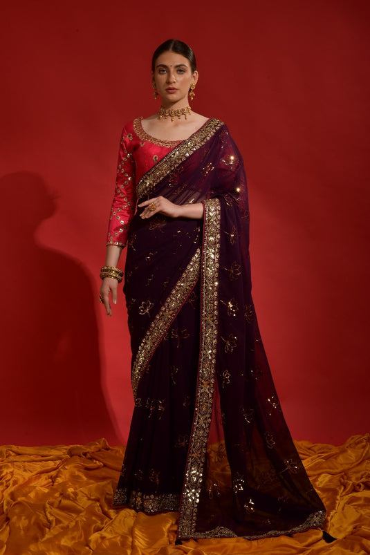 Wine Premium Georgette Sequence Embroidered Work Saree