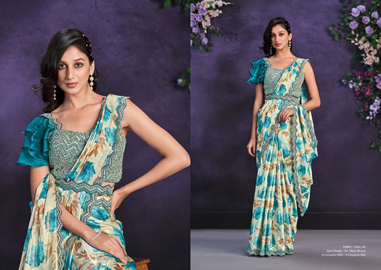 Elegant Sky Blue Sequins Embroidered Georgette Crepe Satin Silk Stone Moti Work Festive Saree with Readymade Heavy Blouse with Waist Belt