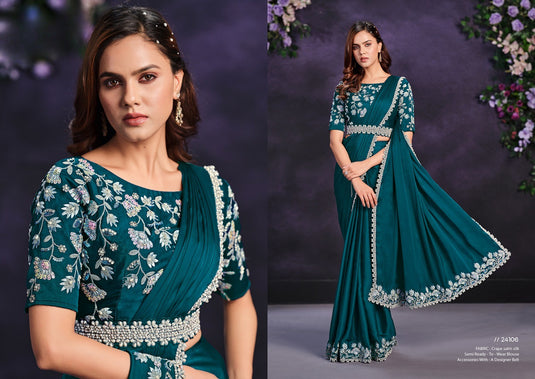Elegant Sky Blue Sequins Embroidered Georgette Crepe Satin Silk Stone Moti Work Festive Saree with Readymade Heavy Blouse with Waist Belt