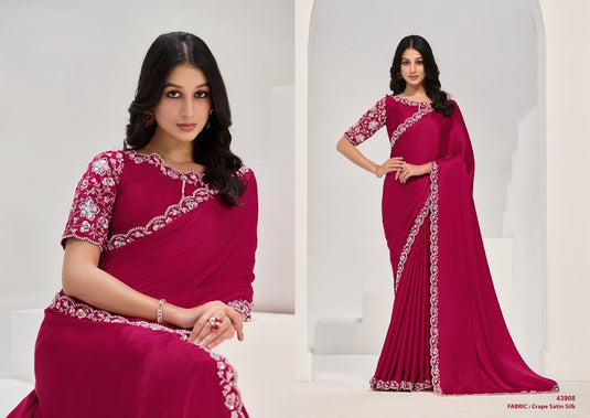 Designer Dark Pink Sequins Hand Embroidered Crepe Satin Silk Georgette Festive Wear Saree