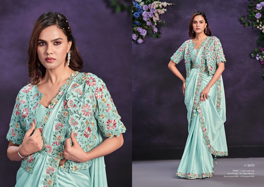 Elegant Sky Blue Sequins Embroidered Georgette Crepe Satin Silk Stone Moti Work Festive Saree with Readymade Heavy Blouse with Waist Belt