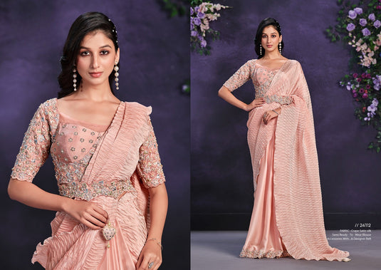 Elegant Sky Blue Sequins Embroidered Georgette Crepe Satin Silk Stone Moti Work Festive Saree with Readymade Heavy Blouse with Waist Belt
