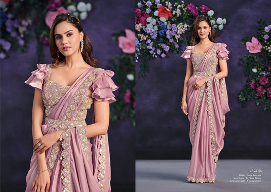 Elegant Sky Blue Sequins Embroidered Georgette Crepe Satin Silk Stone Moti Work Festive Saree with Readymade Heavy Blouse with Waist Belt