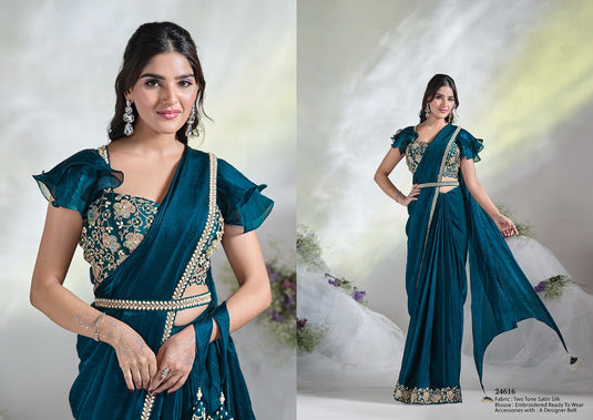 Elegant Black Sequins Embroidered Two Tone Crepe Satin Silk Hand & Mirror Work Festive Saree with Readymade Heavy Blouse
