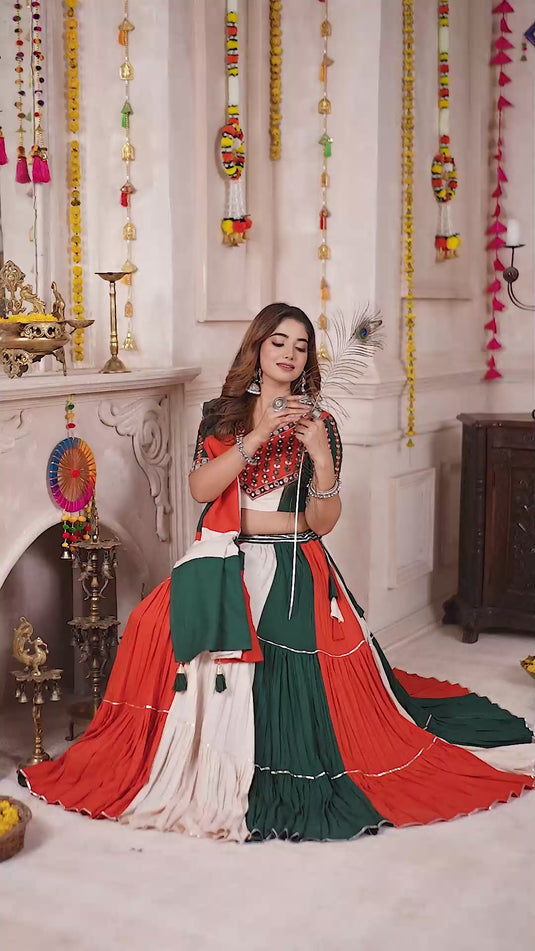 Navratri Special Multicolor Viscose Cotton Kutchi Work Ready to Wear Fully Stitched Festival Wear Lehenga Choli For Women