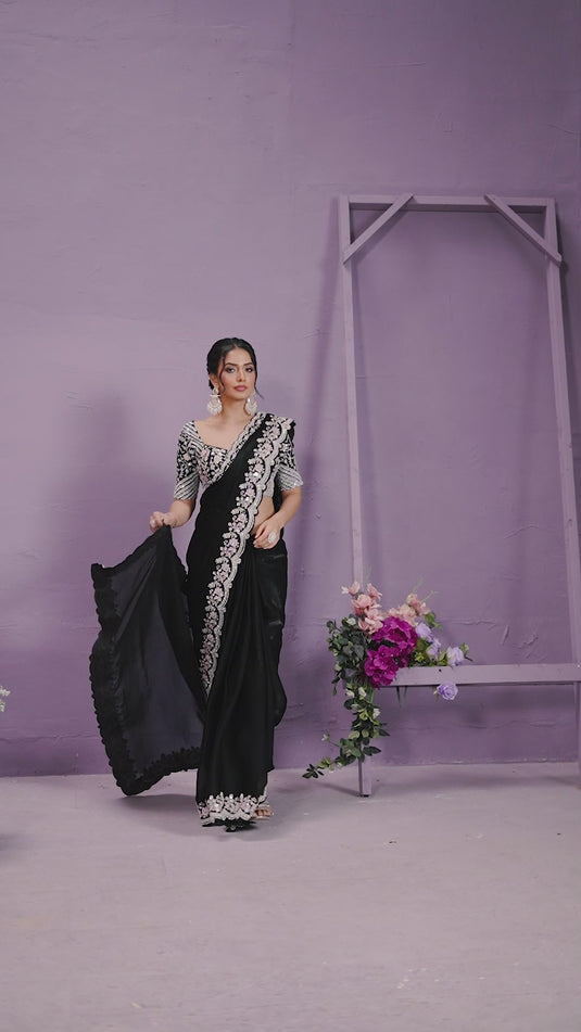 Classic Black Hand Work Two Tone Satin Silk Banarasi Crush Sequins Embroidered Tissue Saree For Women