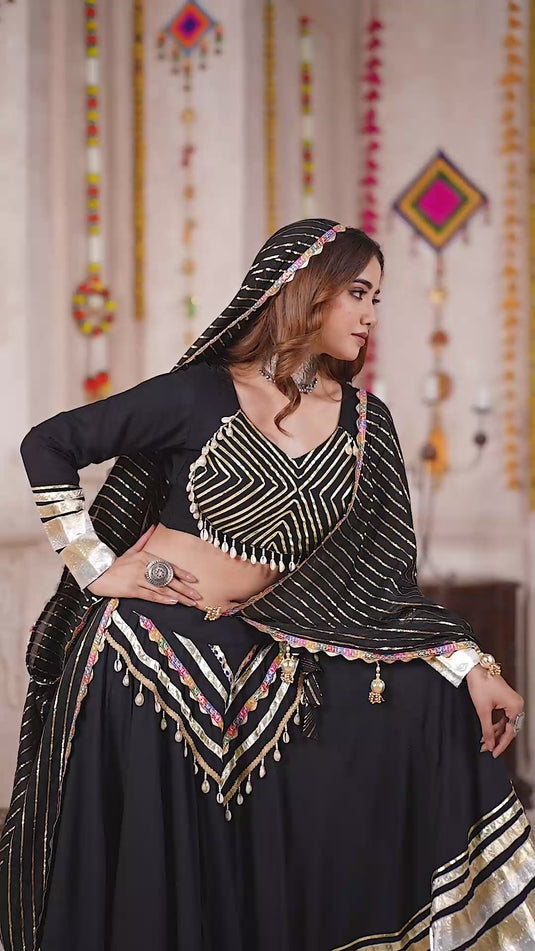 Dandiya Night Black Gamthi Work Viscose Cotton Ready to Wear Fully Stitched Festive Wear Lehenga Choli For Women