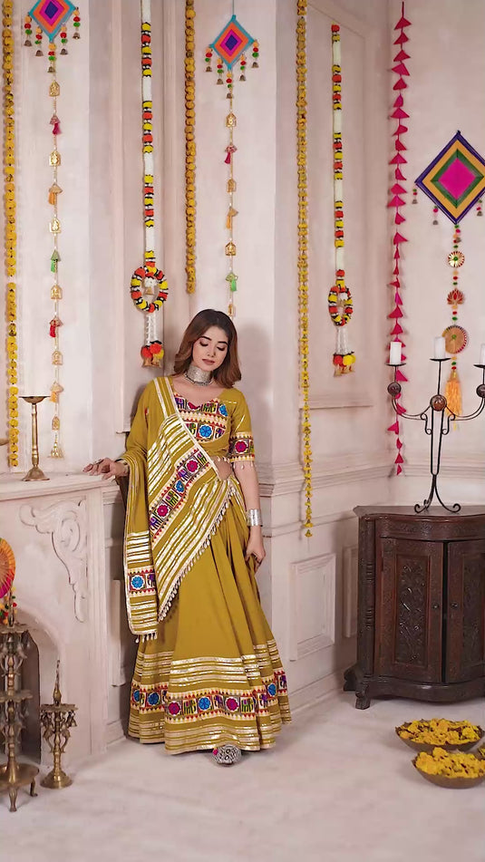 Garba Night Green Gamthi Work Viscose Cotton Readymade Fully Stitched Navratri Lehenga Choli