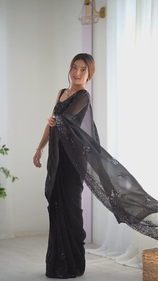 Black Sequins Embroidered Georgette Party Wear Saree For Women