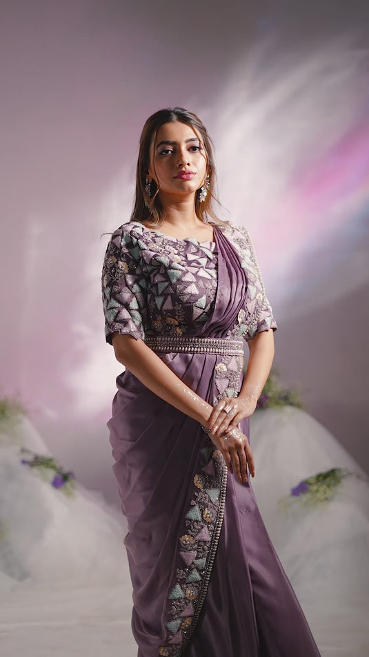 Elegant Black Sequins Embroidered Two Tone Crepe Satin Silk Hand & Mirror Work Festive Saree with Readymade Heavy Blouse