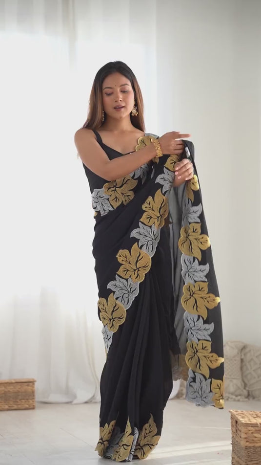 Black Embroidered Vichitra Silk Festive Wear Saree For Women