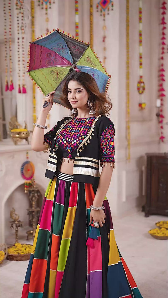 Dandiya Night Multicolor Kutchi Work Viscose Cotton Readymade Fully Stitched Lehenga Choli with Jacket For Women