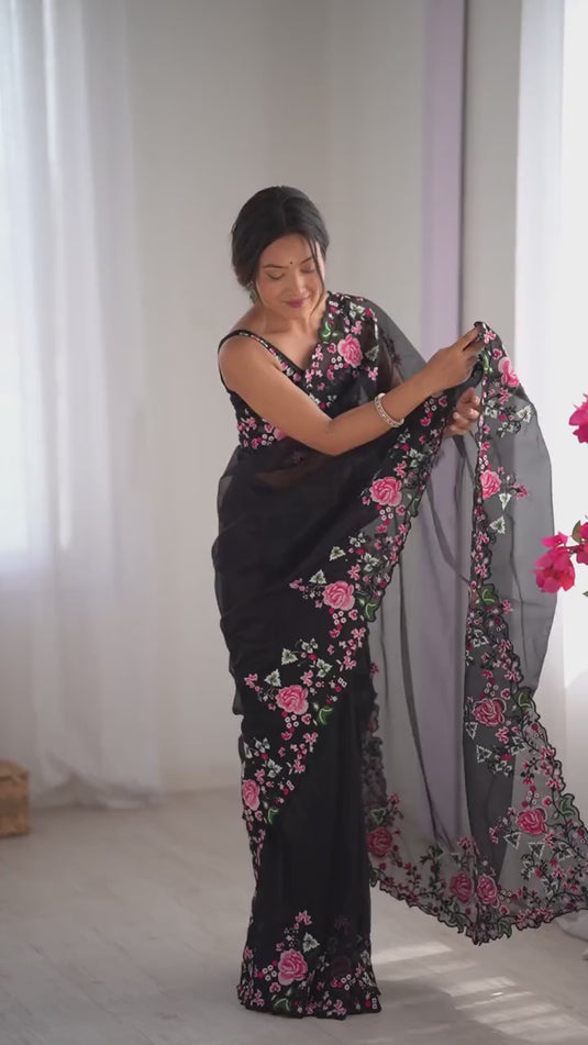 White Embroidered Chiffon Festive Wear Saree For  Women