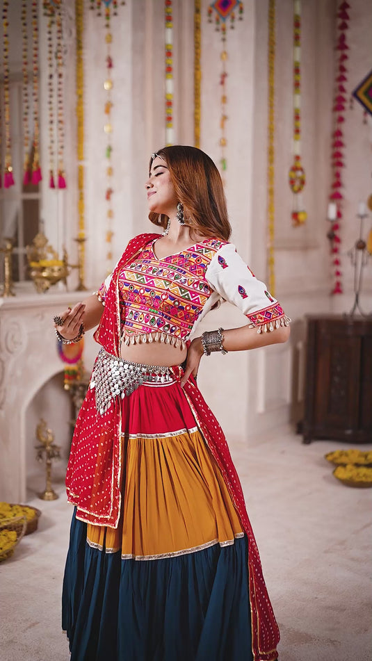 Navratri Special Multicolor Viscose Cotton Lampi Border Work Readymade Fully Stitched Festive Wear Lehenga Choli