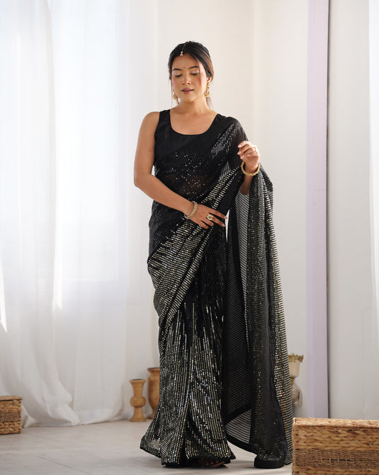Elegant Black Sequins Embroidered Georgette Party Wear Saree For Women