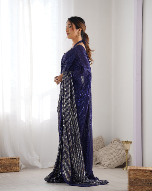 Elegant Black Sequins Embroidered Georgette Party Wear Saree For Women