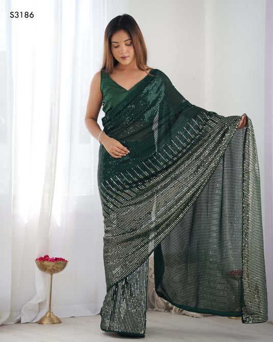 Elegant Black Sequins Embroidered Georgette Party Wear Saree For Women