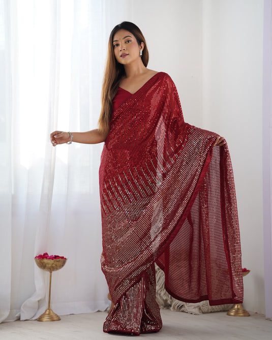Elegant Black Sequins Embroidered Georgette Party Wear Saree For Women