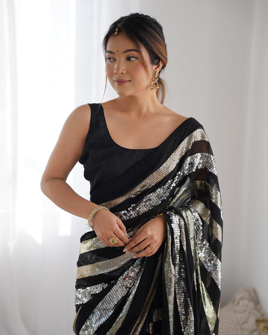 Classic Black Sequins Embroidered Georgette Party Wear Saree For Women