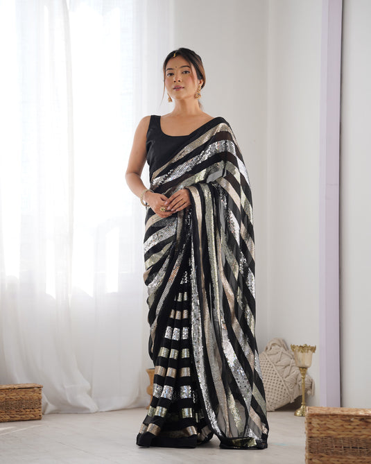 Classic Black Sequins Embroidered Georgette Party Wear Saree For Women